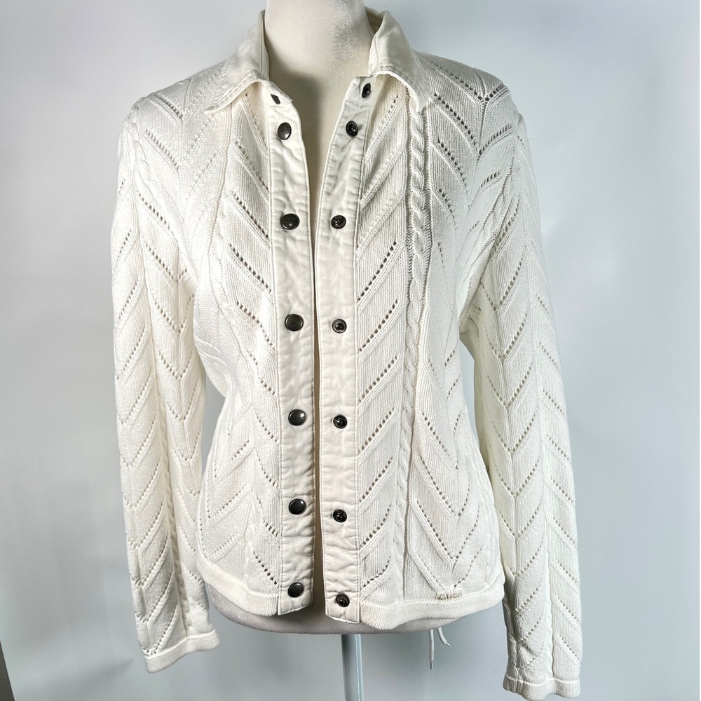 Blue Willi's Ivory Cotton Cable Pointelle Knit Button Front Cardigan Denmark M